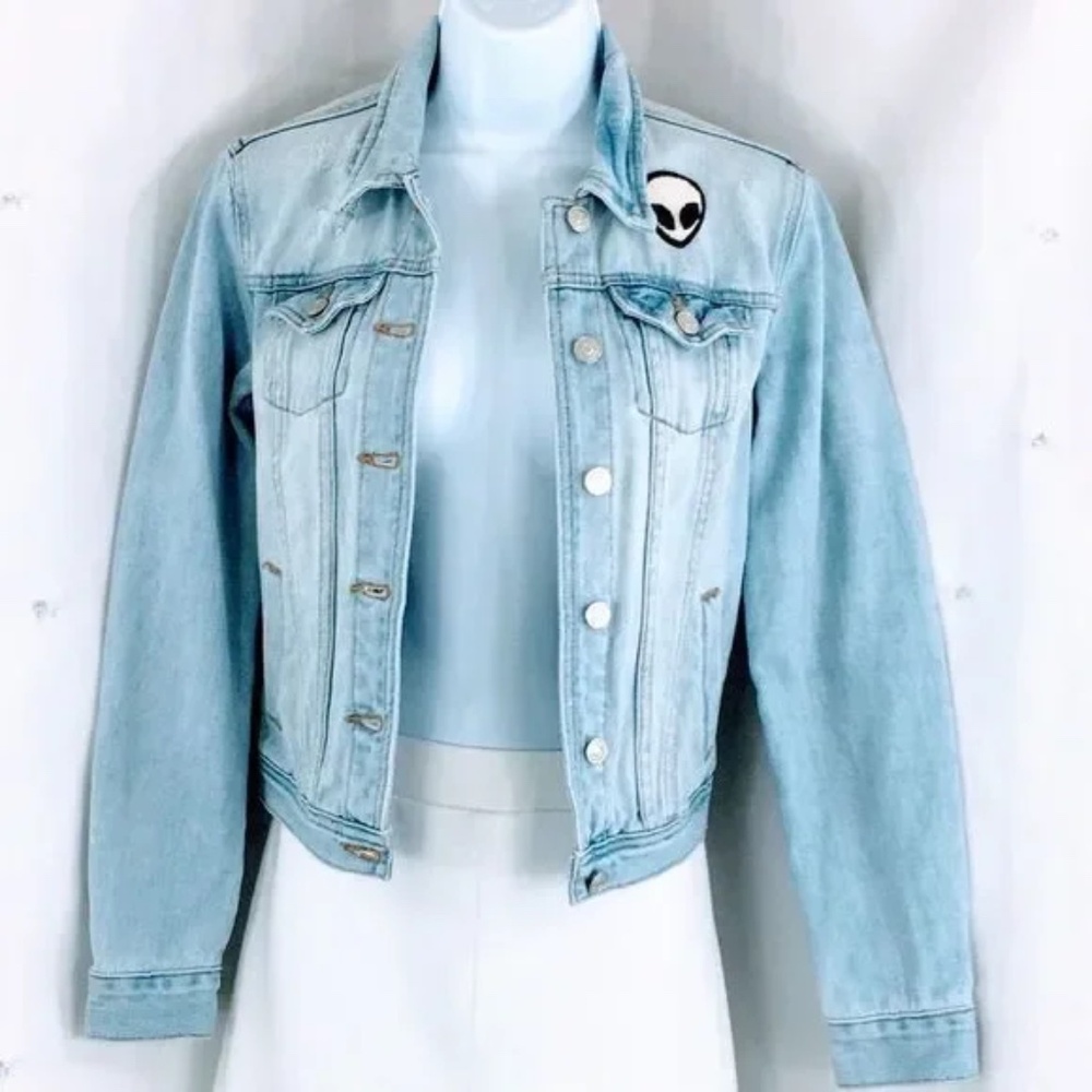 Brandy Melville Alien Head Women Jean Jacket Distressed Trucker Non Stretch Sz S